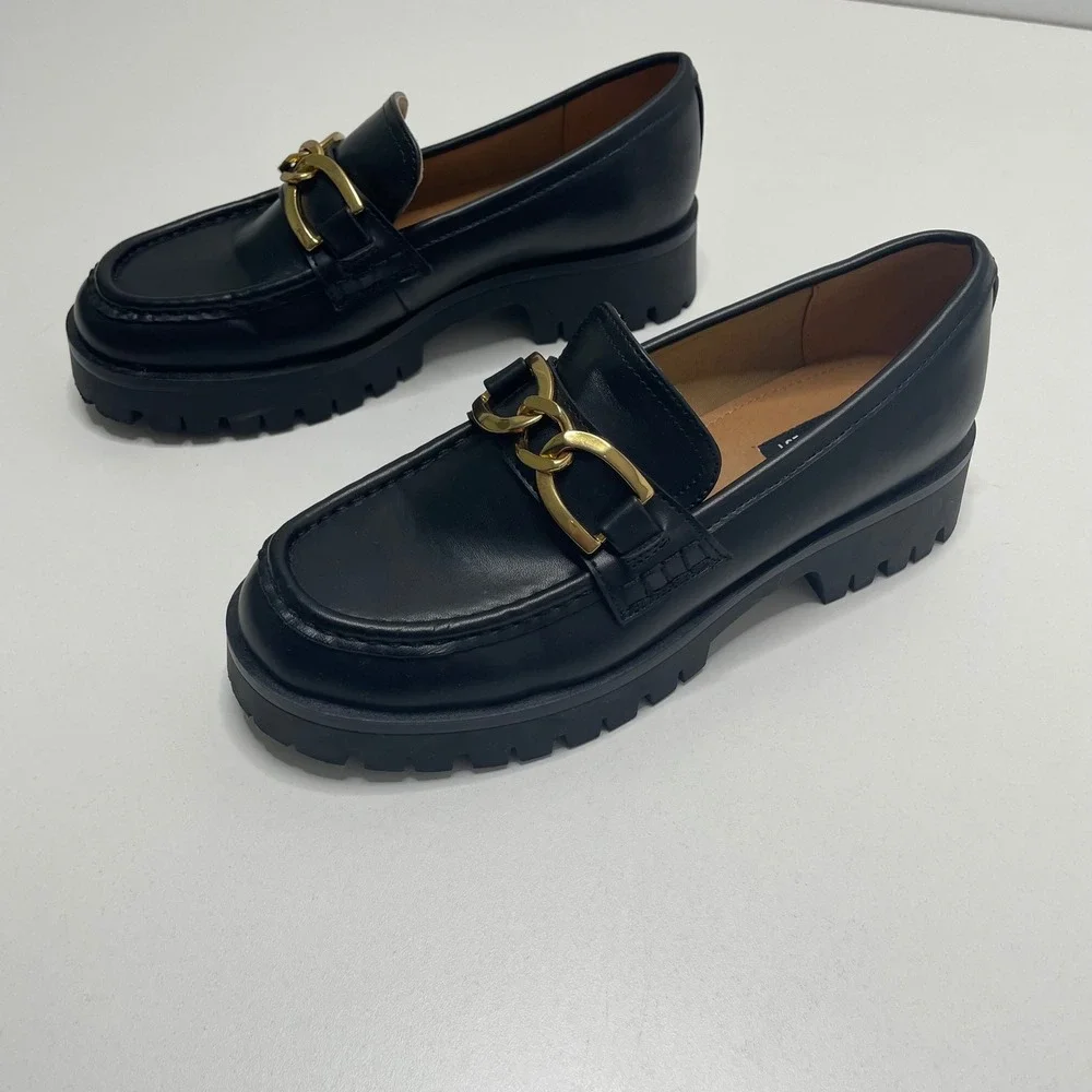 Nine West Black Chunky Platform Lug Sole Loafer Gold Chain Dark Academia Prep 8M